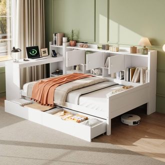 Matteo 3ft Single Daybed with Storage, Bookcase & Desk - White Wood