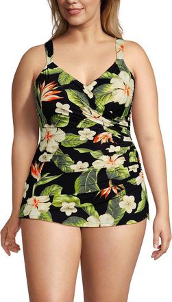 Lands End SlenderSuit V-Neck Skirted Low Leg One Piece in Hibiscus Floral/black at Nordstrom, Size 22W