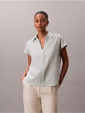 Calvin Klein Womens Linen Blend Short Sleeve Classic Shirt - Green - XL