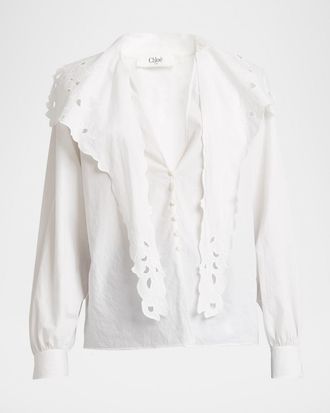 Chloé Embroidered Lavallière Cotton Shirt