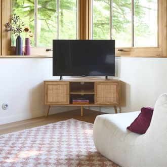 Sweeek 115cm Tv Unit Wooden Effect & Cane 2 Doors in Light Brown