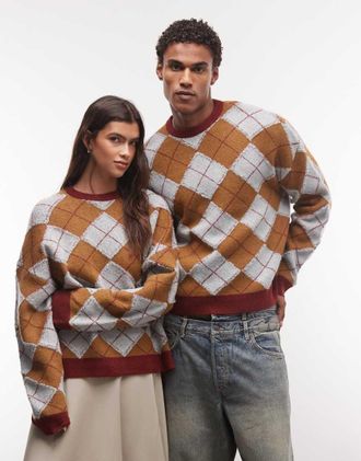 Reclaimed Vintage maglione girocollo unisex lavorato a maglia fine a rombi marrone