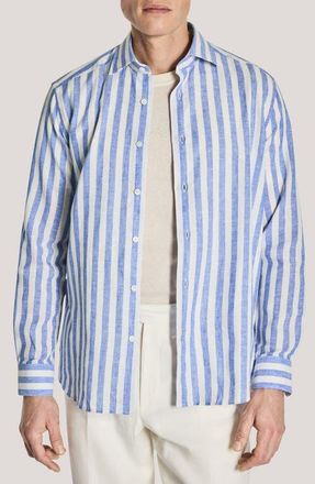 Jack Victor Jacques Linen & Cotton Button-Up Shirt in Blue /White at Nordstrom, Size Xx-Large