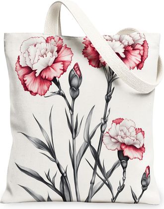 Generic Spring Carnations Flower Canvas Tote Bag for Shopping 13x15, Simple Cute Florals Plant Reusable Grocery Print Pattern Bag for Women, Botanical Beach A