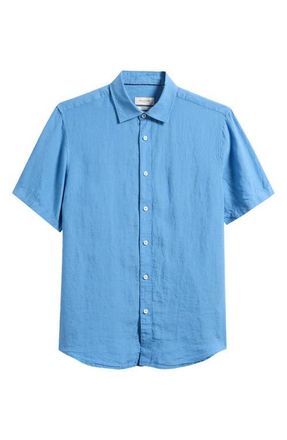 Bugatchi Orson Shaped Fit Short Sleeve Linen Button-Up Shirt in Classic Blue at Nordstrom, Size Xxx-Large