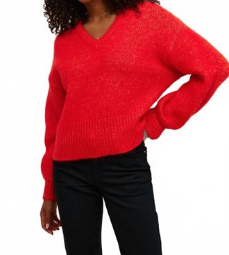 Kaffe Katrina V-Neck Casual Fit Pullover Sweater In Fiery Red Melange
