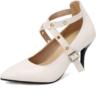 Generic Womens Pointed Toe Stiletto Heel Pumps Double Crisscross Ankle Strap Buckle Closure Suede Upper Cushioned Insole Comfortable Elegant Dress Shoes,White