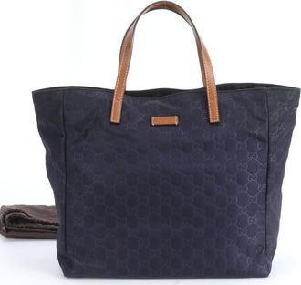 Gucci Brown Navy Nylon Leather Handbag Tote Bag (Pre-Owned)