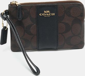 Coach Brown/black Signature Coated Canvas And Leather Corner Zip Wristlet