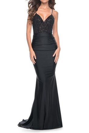 La Femme Beaded Illusion Top with Ruched Jersey Skirt Prom Dress in Black at Nordstrom, Size 10