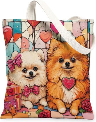 Generic Valentines Day Pomeranian Dog Canvas Tote Bag for Shopping 13x15, Stained Glass Puppy Reusable Grocery Print Pattern Bag for Women, Couple Beach Aesth