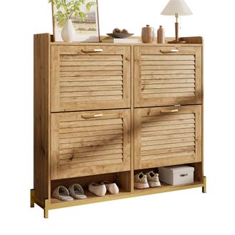 STILVORA Zapatero Moderno Con Puertas De Listones De Madera, 4 Puertas, Estructura De Metal Y Estante, Organizador De Zapatos Que Ahorra Espacio Para Pasillo, 