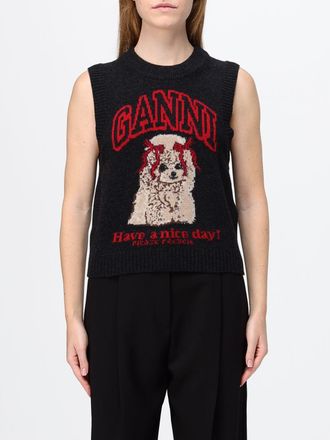 Ganni Top girocollo in lana senza maniche con logo grafico jacquard