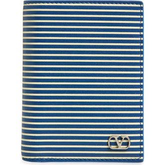 Valentino VLOGO Signature Stripe Leather Bifold Wallet in Marine/Light Ivory at Nordstrom