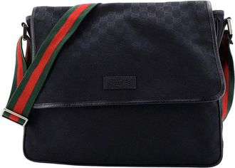 Gucci Black Gg Canvas Web Strap Flap Messenger Medium (Authentic Pre-Loved)