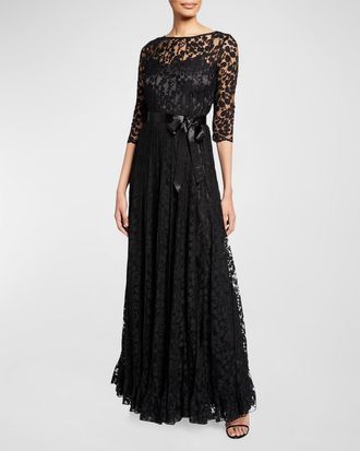 Teri Jon 3/4-Sleeve Lace Overlay Gown