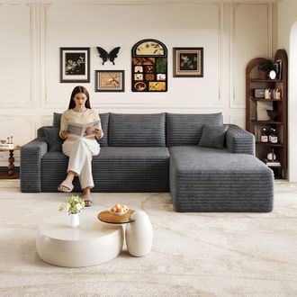 STILVORA Divano Modulare 3 Posti In Velluto A Coste Con Chaise Longue A Destra, Senza Montaggio, Grigio Scuro