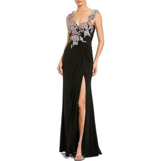 Mac Duggal Sweetheart Jersey Gown With Beaded Flowers in Black Multi at Nordstrom, Size 12
