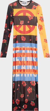 Moschino Long-Sleeve Printed Mesh Maxi Dress