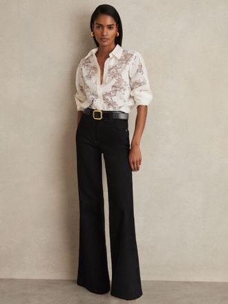 Reiss Bonnie Flared Jeans Cotton Plain, Black Size: 34R