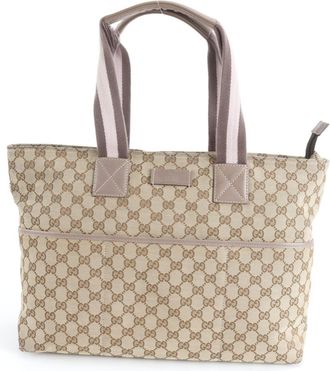 Gucci Gg Canvas Beige Gray Gg Canvas Leather Handbag Tote Bag (Pre-Owned)
