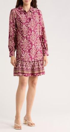 Sandra Darren Long Sleeve Shirtdress in Wine/Tan at Nordstrom Rack, Size X-Large