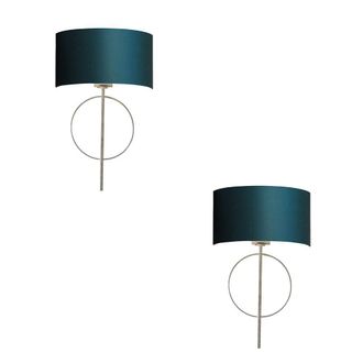 Loops 2 PACK Antique Silver Leaf Wall Light & Teal Satin Shade Dimmable Filament Lamp in Metallics
