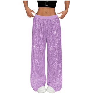 Generic Womens Sequin Sparkle Pants Elastic Waist Wide Leg Party Club Dance Trousers Casual Shiny Bling Glitter Slacks,Bell Bottom Pants for Women Purple