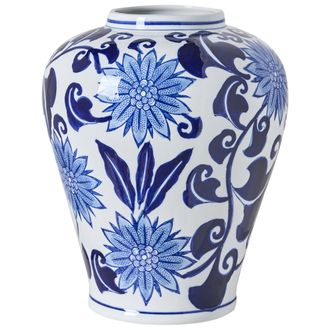 Beliani Jarr&oacute;n Para Flores Florero Accesorio Decorativo De Porcelana Blanco Y Azul Girona