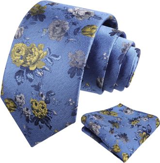 Alizeal Mens Floral Pattern Tie with Pocket Square Classic Casual for Party Wedding Necktie and Hanky Set, Blue+Yellow