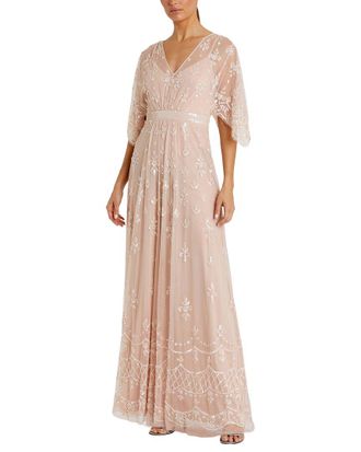 Mac Duggal V-Neck Flounce Sleeve Embellished Mesh Gown