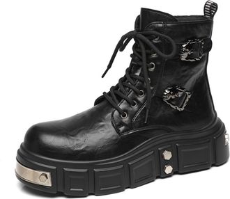 Generic Mens Chunky Heel Platform Short Boots Lace Up Combat Boots with Side Zipper Round Toe PU Leather Biker Boot,Black,7.5 UK