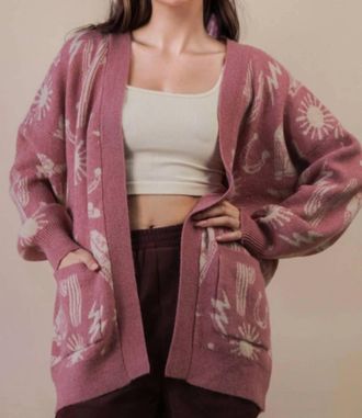 Very J Western Graphic Knit Sweater Cardigan In Mauve