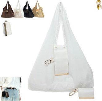 Generic Keychain Tote Bag,Expandable Leather Mini Bags with Key Ring,Foldable Lightweight Portable Handbag for Daily Errands & Travel (White)