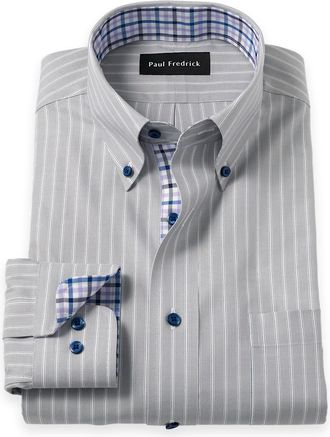 Paul Fredrick Slim Fit Traveler Cotton Blend Stripe Dress Shirt With Contrast Trim