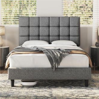 Yaheetech Yaheetech - Marco de Cama Doble Acolchado Cuadrado 140×200cm Cabecero Ajustable en Altura con Base de Listones Oscuro Gris