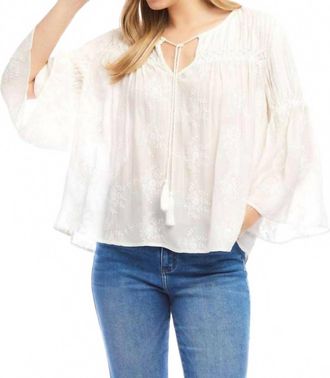 Karen Kane Flare Sleeve Embroidered Pintuck Detail Top In Off White