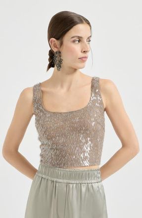Brunello Cucinelli Cropped top with dazzling embroidery in Rope at Nordstrom, Size X-Small Eu