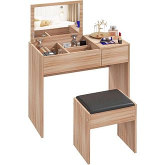 HOMCOM Homcom - Tocador De Maquillaje Con Taburete Mesa De Maquillaje Con Espejo Tapa Abatible 3 Cajas Y 1 Caj&oacute;n De Almacenaje 80x40x79 Cm Y 40x30x40 Cm
