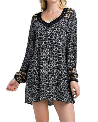 Greek Archaic Kori Border Print Swing Dress In Black
