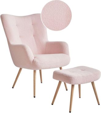 Beliani Wingback Mid-Century Modern Boucle Upholstered Armchair Ottoman Set Pastel Pink Vejle ii