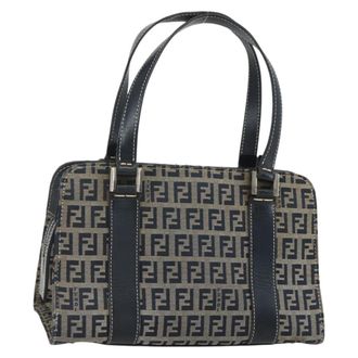 Fendi Vintage Satchel Zucchino Canvas Navy Canvas Handbag (Pre-Owned)