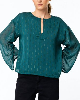 Ciebon Metallic Shirred Long Sleeve Blouse In Olive