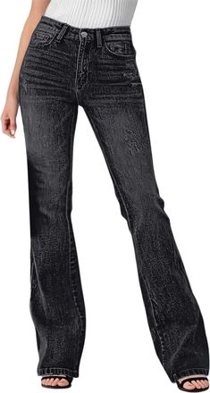 Generic Boot Cut Jeans for Women High Waist Flare Denim Pants Retro Washed Wide Leg Trousers (UK, Alpha, L, Regular, Regular, Black)