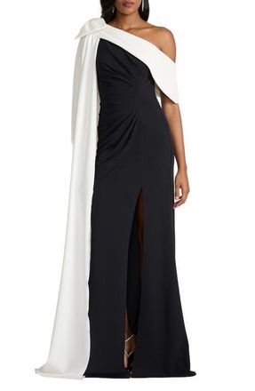 Tadashi Shoji Bow Cape Detail One-Shoulder Gown in Black/Ivory at Nordstrom, Size X-Small