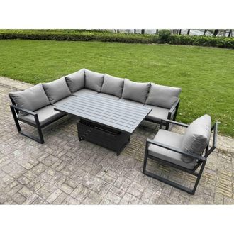 Fimous 7 Seater Aluminum Corner Sofa Set with Adjustable Lifting Table in Dark Grey
