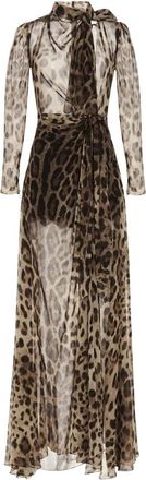 Dolce & Gabbana Georgette Jurk met Luipaardprint en Strikdetails - Dames - Avondkleed - Bruin - M - Katoen - Kleedjes