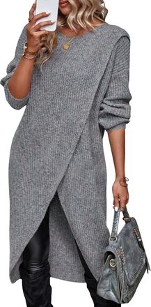 Generic Knitted Dresses Womens Elegant Long Sleeve Round Neck Jumper Split Dress Casual Dress Christmas Party Dresses (Grey, XL)