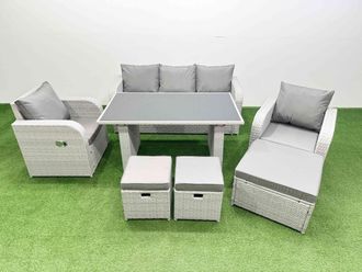 Fimous Outdoor Rattan Garden Furniture Dining Set 8-seater with 3 Stools in Light Grey