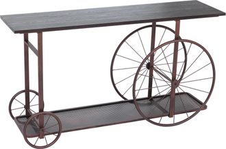 Hhg [nunca Usado] Mesa Consola Hhg-983, Mesa Para Tel&eacute;fono, De Madera Con Dise&ntilde;o Industrial Retro Y Rueda, 81 X 150 X 40 Cm, Metal Negro Y Color Cobre